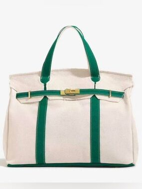 Boatkin Canvas Two-Tone Tote Bag in Cream and Green